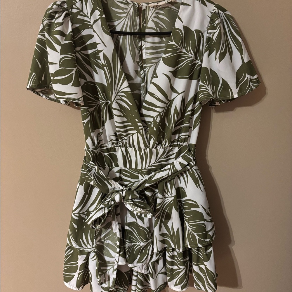 Blush Green and White Leaf Print Romper